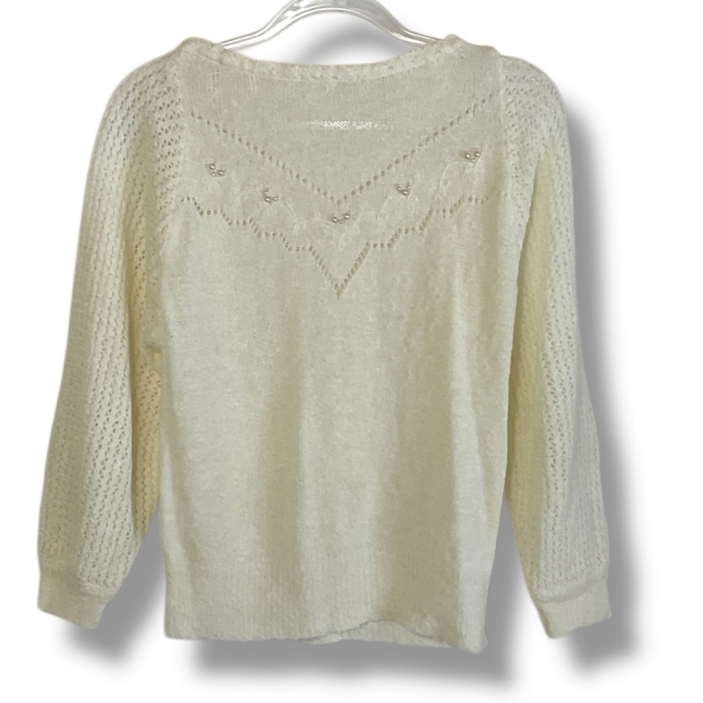 Vintage 80s Sweater‎ Cream Beaded Pearl Delicate Lightweight Knit Size Small